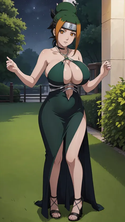 masterpiece, ultra high-quality, extremely detail 8k cg, high resolution, 1girl, pakura, green hair, orange eyes, thin body, huge breasts, bursting breasts, evening gown, halterneck, criss-cross halter, high heels, choker, beautiful face, outdoors, garden,...