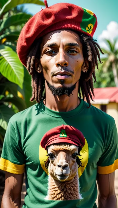 realistic photo, anamorphic alpaca, alpaca and reggae, Jamaican style, wearing a reggae-style red and green beret, a T-shirt with Bob Marley, a joint in the mouth, chillout,  raw photo, shallow depth of field, Immersive background