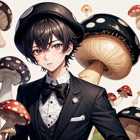 Anime teenage male wearing butler uniform with mushroom hat mid shot