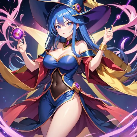 Dressed like the Dark Magician Girl from Yu-Gi-Oh!、View your viewers、A fixed look、big breasts、Emit an aura、Bad looking
