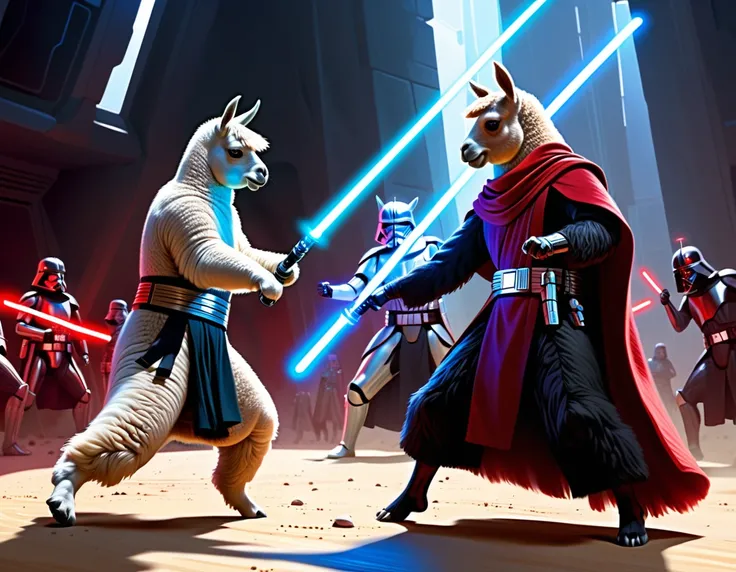 Digital painting, realistic, absteact, 2 alpacas, anamorphic alpacas, star wars, alpacas fight each other with light saber, one is Red and one is blue, sith alpaca fight with Jedi alpaca, sith armor and jedi knight outfit, star wars style, fantasy, sci-fi,...