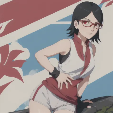 , 1girl, solo, black hair, short hair, Red eyes, frameless glasses. In a White Top and Black shorts, closeup shot,, detailed art. Sexy hips and thighs, smirk, bare shoulders, outdoors,, facing viewer, hands on hips, shiny hair, sexy hips