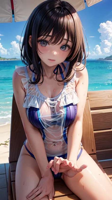 UHD, retina, masterpiece, ccurate, anatomically correct, textured skin, super detail, high details, high quality, award winning, best quality, highres, 1080P, HD, 4K, 8k, 16k、blue sea、Wide sky、Deep sandy beach、Cute Girls、(Cute Swimsuit:1.6)、Sunburn mark、La...