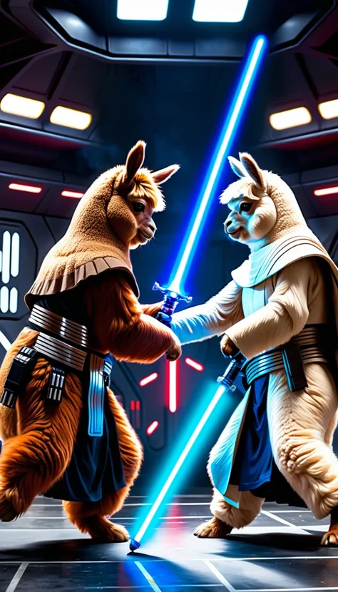 Digital painting, realistic, absteact, 2 alpacas, anamorphic alpacas, star wars, alpacas fight each other with light saber, one is Red and one is blue, sith alpaca fight with Jedi alpaca, sith armor and jedi knight outfit, star wars style, fantasy, sci-fi,...