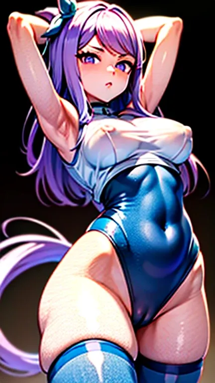 mejiromcqueen(umamusme)(best quality, 8k, 32k, masterpiece, UHD:1.2), hyper extreme detailed, perfect lighting, 1girl, solo, long hair, purple eyes, highleg_swimsuit, arms_behind_head, oil, medium breasts, see-through, (arched_back:1.3), one-piece swimsuit...