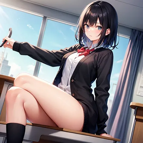 medium hair,slender,school cardigan,classroom,17yo,Black Hair