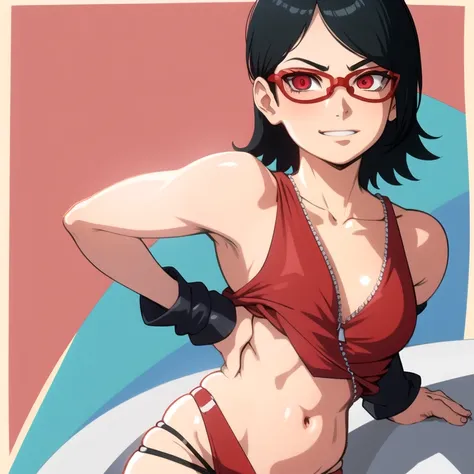 , 1girl, solo, black hair, short hair, Red eyes, frameless glasses. In a Red bikini Top// Black bikini bottom, closeup shot,, detailed art. Thick hips, Thick thighs, smirk, bare shoulders, Resort sea background,, facing viewer, hands on hips, shiny hair, s...