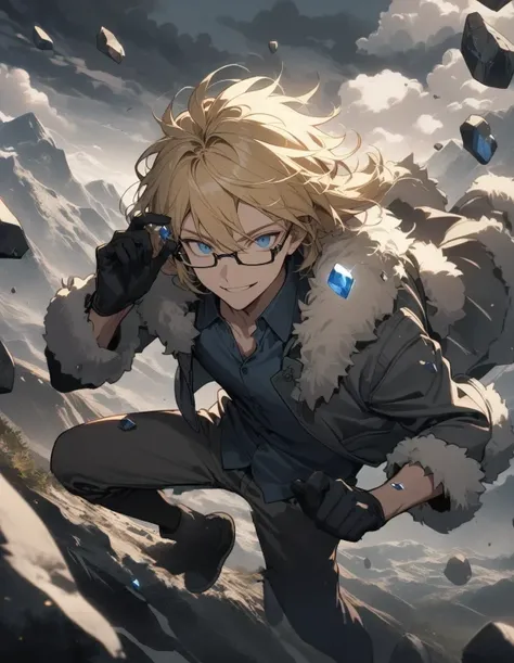 1 guy, looks at the viewer, blue eyes, blond hair, short disheveled hair, wears glasses, wears a black unbuttoned jacket, fur jacket, black gloves, outside on the mountain, cloudy, clouds, black clouds, stones flying around, earth, diamond stones, the eart...