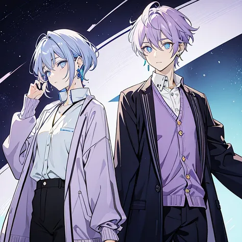 An androgynous person with lilac gradient hair and amber eyes, wearing a blue cardigan and has opal drop earrings. The picture must only feature one person.