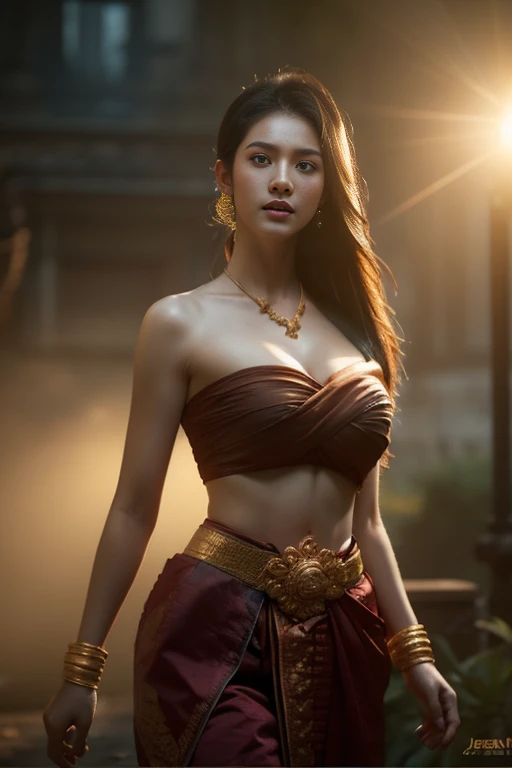 beautiful girl ,thai women&#39;s warriors, walking at thai measure, dynamic poses, thai chut set, strapless shirt, long hair,bla...