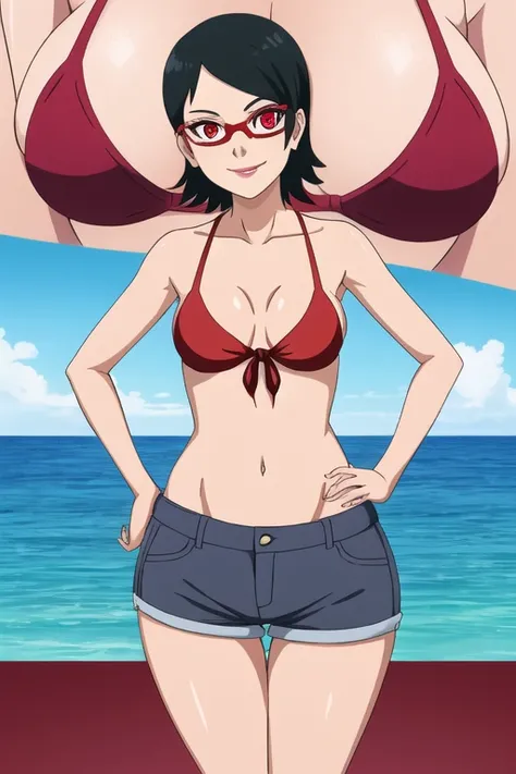 1girl, solo, black hair, short hair, Red eyes, frameless glasses. In a Red bikini Top// Black denim shorts, closeup shot,, detailed art. Thick hips, Thick thighs, smirk, bare shoulders, Resort sea background,, facing viewer, hands on hips, shiny hair, sexy...