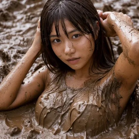 ((Covered in mud, semen,)), Japanese, young woman, Realistic, Completely naked