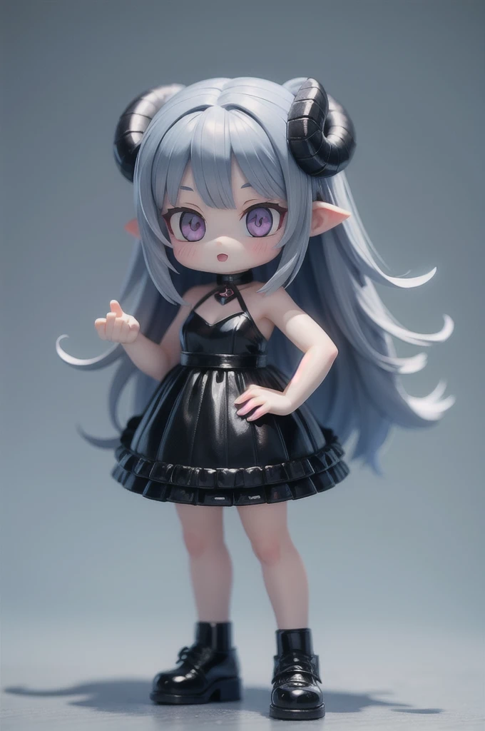 (masterpiece, best quality:1.2), 1girl,devil girl ((masterpiece, highest quality, Highest image quality, High resolution, photorealistic, Raw photo, 8K)),(nendoroid figure),devils horns, miniatures,illustration,tight tube top,black hot pants,silver hair,(p...