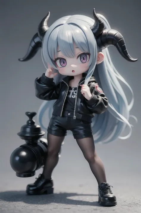 (masterpiece, best quality:1.2), 1girl,devil girl ((masterpiece, highest quality, Highest image quality, High resolution, photorealistic, Raw photo, 8K)),(nendoroid figure),devils horns, miniatures,illustration,tight tube top,black hot pants,silver hair,(p...