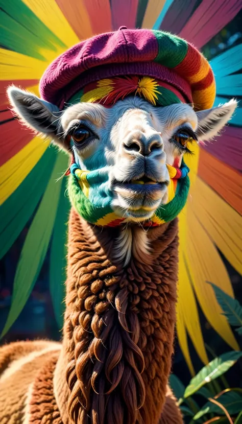 anamorphic alpaca,jamaica,reggae,reggae beret,smoking joint,realistic,ultra-detailed,portrait,blurry background, vibrant colors, warm lighting, psychedelic vibes, trippy patterns, exotic atmosphere, tropical paradise, Bob Marley vibe, hand-painted texture,...