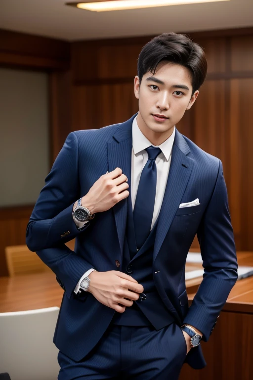 36-year-old fresh and handsome new employee、　（Super handsome guy in S-class suit）、　Japanese 36-year-old man、　merchant、　ultra luxury suit、　striped suit、　office、　Stand up in a suitＳYoung handsome man、　Full body image、　（CG Unity 8K high-detail photos）、　（Very ...