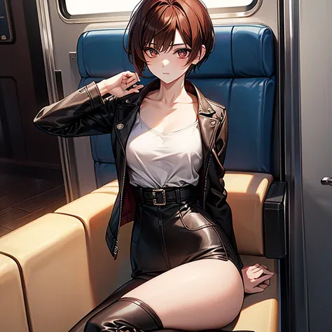 Masterpiece、Subtle details、korean women、One adult woman、Sophisticated、On a city train、Slender beauty、delicate、Model-like body、Korean Fashion、Sideboob、camisole、leather jacket、Riders jacket、Low rise skinny pants、tall、Stylish、Small breasts、Korean Makeup、Sharp...