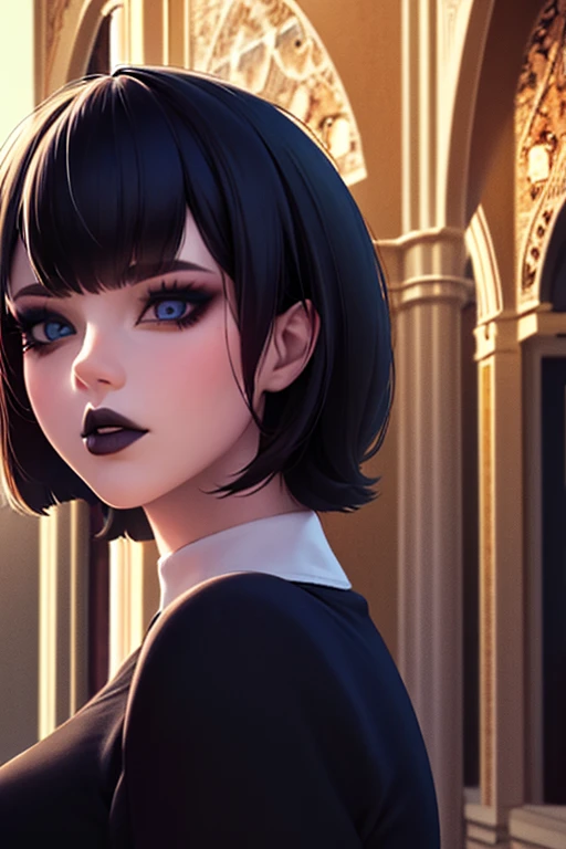 Defined face blue eyes gothic makeup eyeliner and eye shadows, cabello negro corto con flequillo estilo bob labios rojos voluminosos, primer plano en HD,  Intricate medieval architectural details and fantastic landscapes in 12k high resolution 