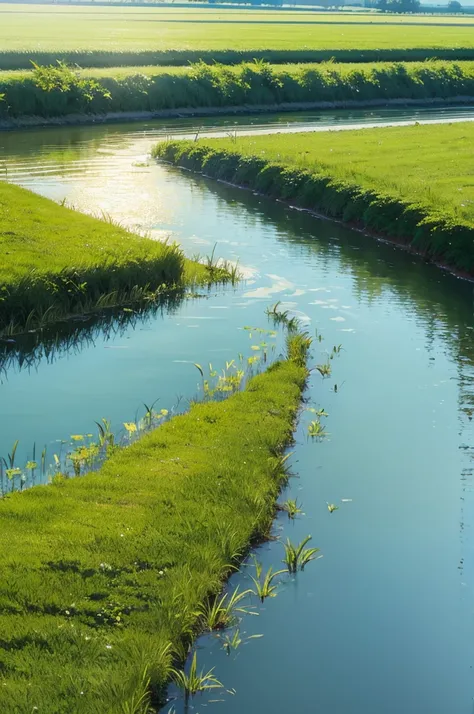 large plain, beautiful weather, wet grass, sunshine, river passing by