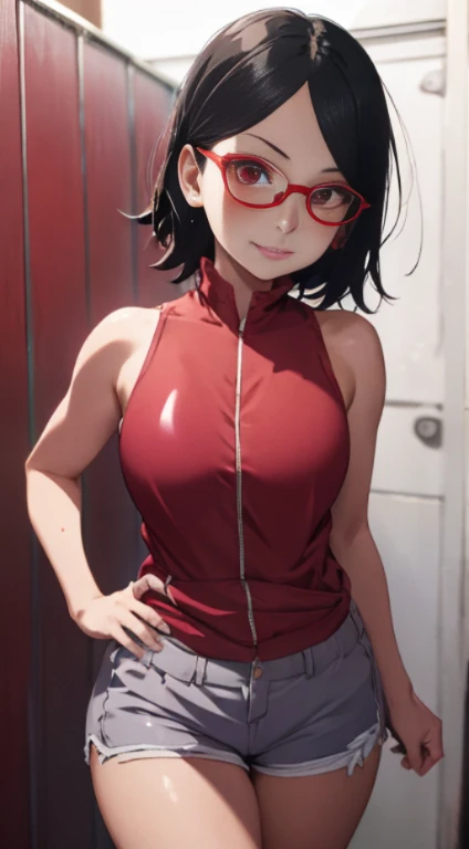 1girl, solo, black hair, short hair, Red eyes, frameless glasses. In a Red bikini Top// Dolphin shorts, closeup shot,, detailed art. Curved hips, Thick thighs, smirk, bare shoulders, scary basement background,, facing viewer, hands on hips, shiny hair, sex...