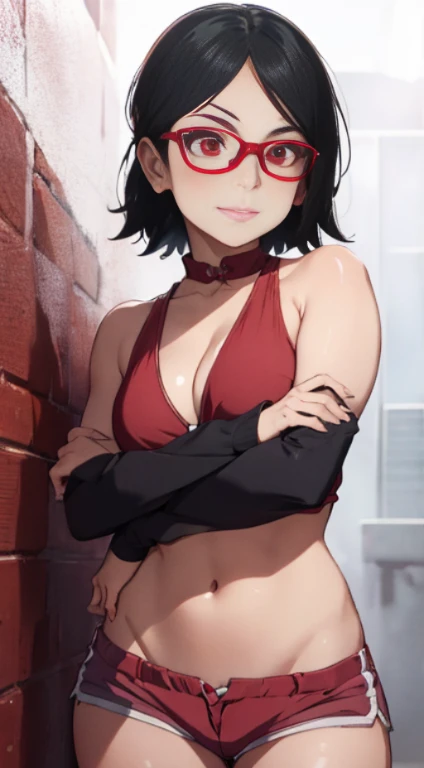 1girl, solo, black hair, short hair, Red eyes, frameless glasses. In a Red bikini Top// Dolphin shorts, closeup shot,, detailed art. Curved hips, Thick thighs, smirk, bare shoulders, scary basement background,, facing viewer, hands on hips, shiny hair, sex...