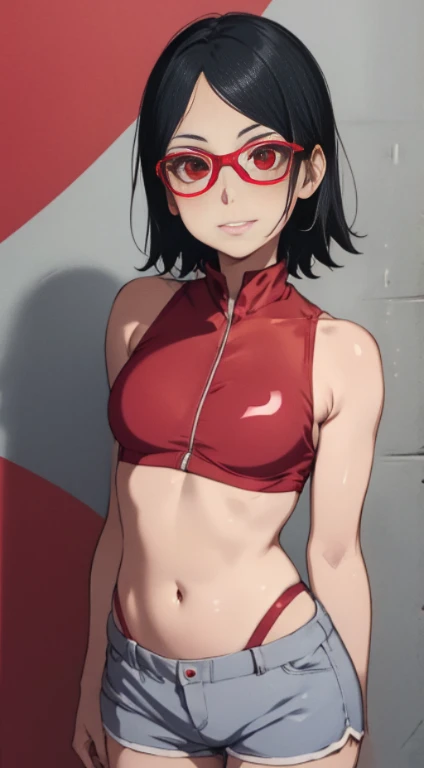 1girl, solo, black hair, short hair, Red eyes, frameless glasses. In a Red bikini Top// Dolphin shorts, closeup shot,, detailed art. Curved hips, Thick thighs, smirk, bare shoulders, scary basement background,, facing viewer, hands on hips, shiny hair, sex...