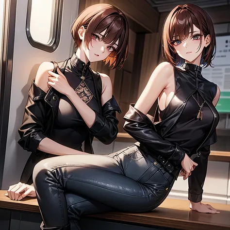 Masterpiece、Subtle details、korean women、One adult woman、Sophisticated、On a city train、Slender beauty、delicate、Model-like body、Korean Fashion、Sideboob、Black camisole（embroidery）、leather jacket、Riders jacket、Low rise skinny pants、tall、Stylish、Small breasts、K...