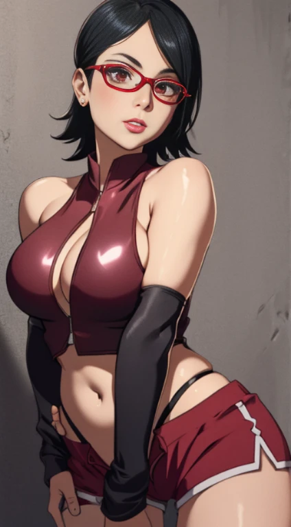 1girl, solo, black hair, short hair, Red eyes, frameless glasses. In a Red bikini Top// Dolphin shorts, closeup shot,, detailed art. Curved hips, Thick thighs,, bare shoulders, scary basement background,, facing viewer, hands on hips, shiny hair, sexy hips...