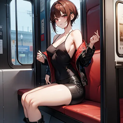 Masterpiece、Subtle details、korean women、One adult woman、Sophisticated、On a city train、Slender beauty、delicate、Model-like body、Korean Fashion、Sideboob、Black camisole（embroidery）、leather jacket、Riders jacket、Low rise skinny pants、tall、Stylish、Small breasts、K...