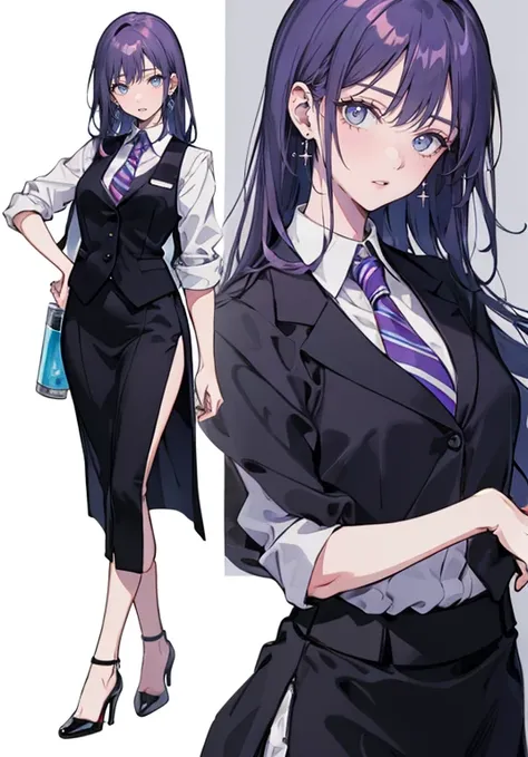 ((Perfect Face)),Purple Hair,Long hair with volume,1 female,bartender,suit,Black vest,Shirt with rolled up sleeves,tie,Slit Skirt,High heels,,((Simple Background)),smile,((whole body)),((whole body)),Portraiture,virtual,upright,,both arms are down,Standing...