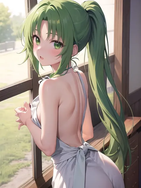 masterpiece, highest quality, Super detailed, 1 Girl,  Mion Sonozaki, Green Hair, Green Eyes, ponytail, surprise:1.3、blush、Normal chest、Naked Apron:1.3,woman&#39;s butt facing the screen、Backward perspective