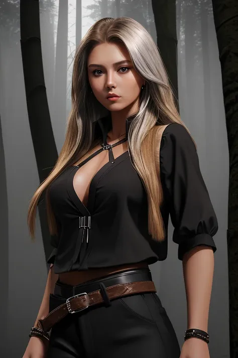 20 year old woman brown blonde hair sexy complexion native American long hair black blouse black vest black pants black belt with silver buckle background of night forest with fog 