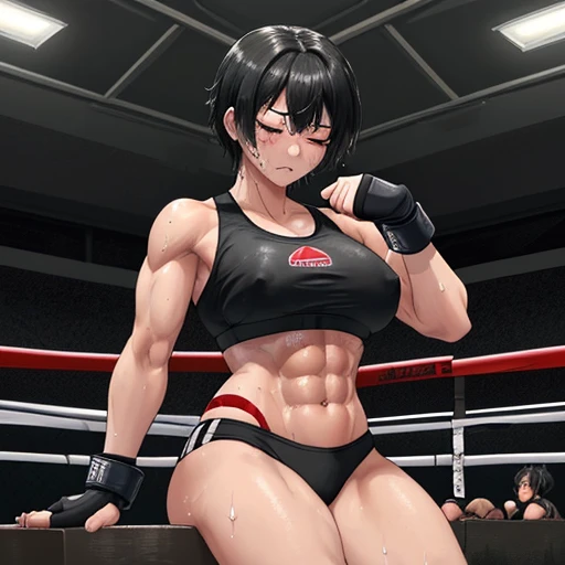 Covered in blood、Beautiful heavyweight female high school mixed martial artist covered in bruises。After losing a match、Sitting in the waiting room、Tears flowing。Eyelids swollen and one eye closed。Disappointed、Looking down。Fighting inside the Octagon。I&#39;...