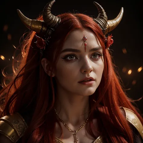 1 Demon woman with horns, fiery red long hair, ultra detailed face and eyes, hyperrealistic, realistic representation, 30 years old, dancing in hell, pretty face, her clothes consist of chains,  full body view 