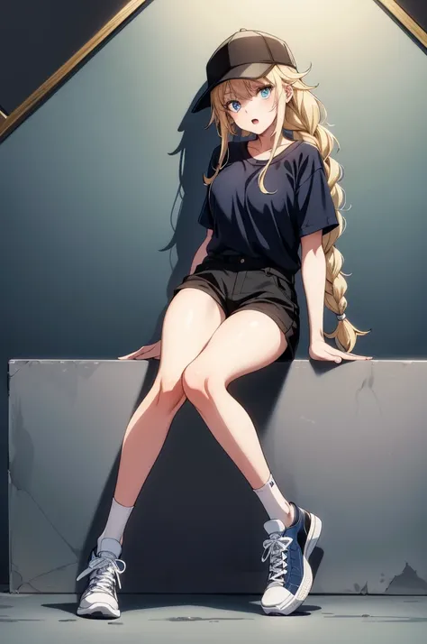 a black hat, white shorts, black socks and trainers with lace up in white sole, blue heel and black sole, 1girl, solo, blonde hair, hat, blue eyes, shorts, shirt, twin braids, braid, baseball cap, shoes, sneakers, full body, black shorts, long hair, lookin...