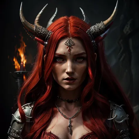 1 Demon woman with horns, fiery red long hair, ultra detailed face and eyes, hyperrealistic, realistic representation, 30 years old, dancing in hell, pretty face, her clothing is a long chain dress, full body view 