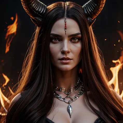 1 Demon woman with horns,  long hair, ultra detailed face and eyes, hyperrealistic, realistic representation, 30 years old, dancing in hell, pretty face, her clothing is a long chain dress, full body view 