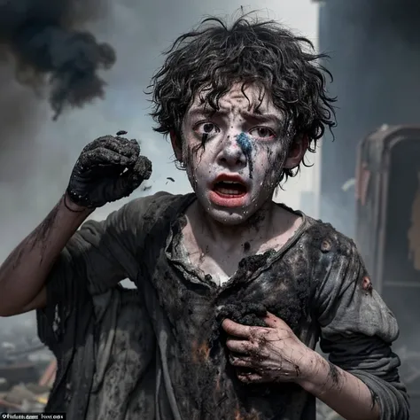 A boy actor coughing in rags and covered in soot after being caught in an explosion