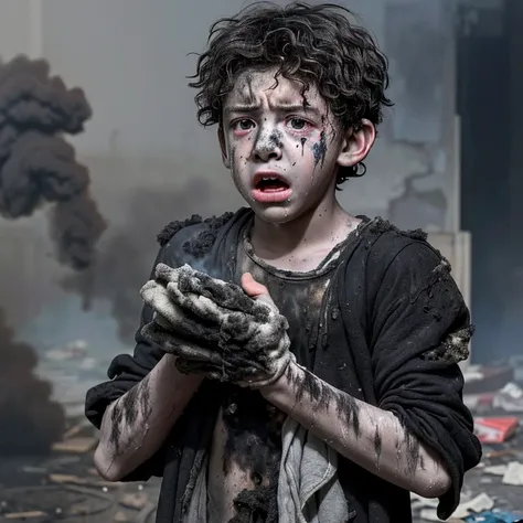 A boy actor coughing in rags and covered in soot after being caught in an explosion