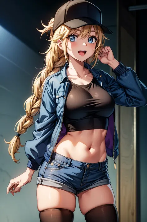 an anime girl dressed in blue jean jacket, black tank top, and cap standing on tiptoes, 1girl, solo, thighhighs, hat, shorts, navel, blue eyes, twin braids, jacket, breasts, blonde hair, long hair, braid, open mouth, baseball cap, smile, midriff, looking a...