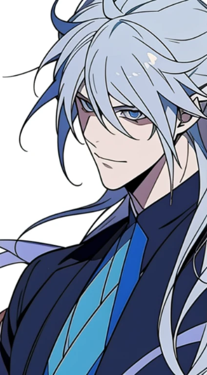 Close-up of a man，with a determined look in his eyes，Handsome figure painting，It has a masculine taste，Man Guwitz，Guviz-style artwork，White-haired god，Yang J，Guvitz at the Pixiv Art Station。Anime characters armed with swords and blue light, Keqing from Gen...