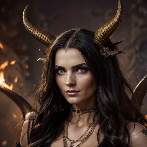 1 demon woman with horns,  long hair, ultra detailed face and eyes, hyperrealistic, realistic representation, 30 years old, danc...