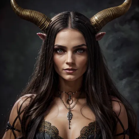 1 demon woman with horns,  long hair, ultra detailed face and eyes, hyperrealistic, realistic representation, 30 years old, danc...