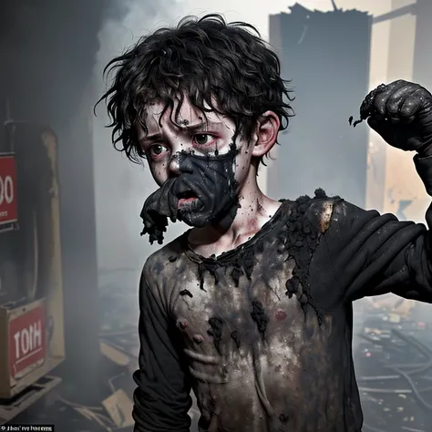 A boy actor coughing in rags and covered in soot after being caught in an explosion