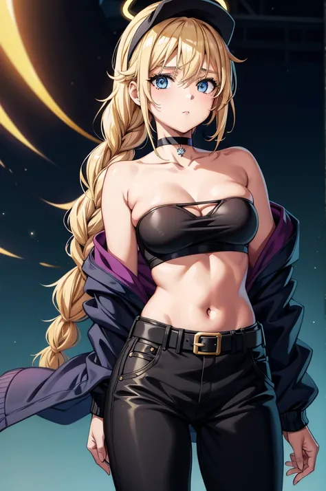 cartoon cartoon of a blond woman in black clothing with her hair covered by an angel headband, 1girl, solo, breasts, hat, blue eyes, long hair, blonde hair, navel, braid, halo, jacket, cleavage, baseball cap, looking at viewer, pants, black headwear, choke...