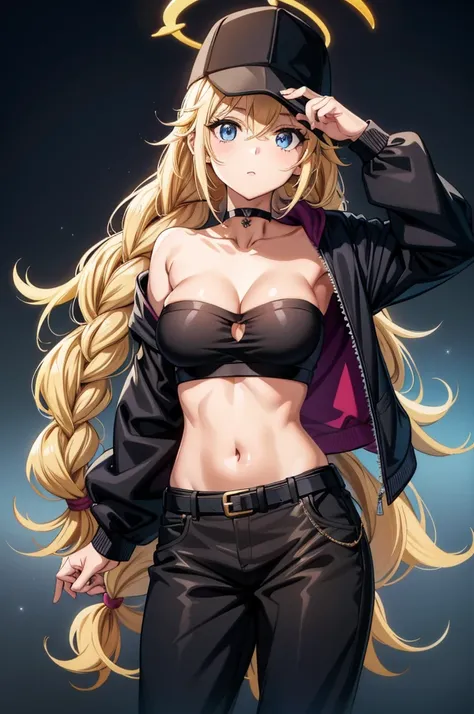 cartoon cartoon of a blond woman in black clothing with her hair covered by an angel headband, 1girl, solo, breasts, hat, blue eyes, long hair, blonde hair, navel, braid, halo, jacket, cleavage, baseball cap, looking at viewer, pants, black headwear, choke...