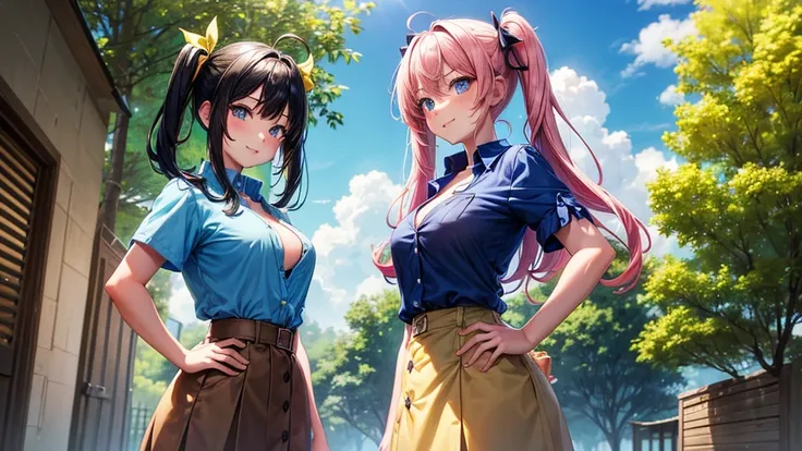 2girls, summer, village, trees, sun, clouds, ((colorful hair)), twintail, large breasts, button down, blue eyes, ((blue shirt)), ((unbuttoned shirt)), unbuttoning buttons, popping buttons, ((short sleeved shirt)), black mini skirt, brown shoes, grin, stand...