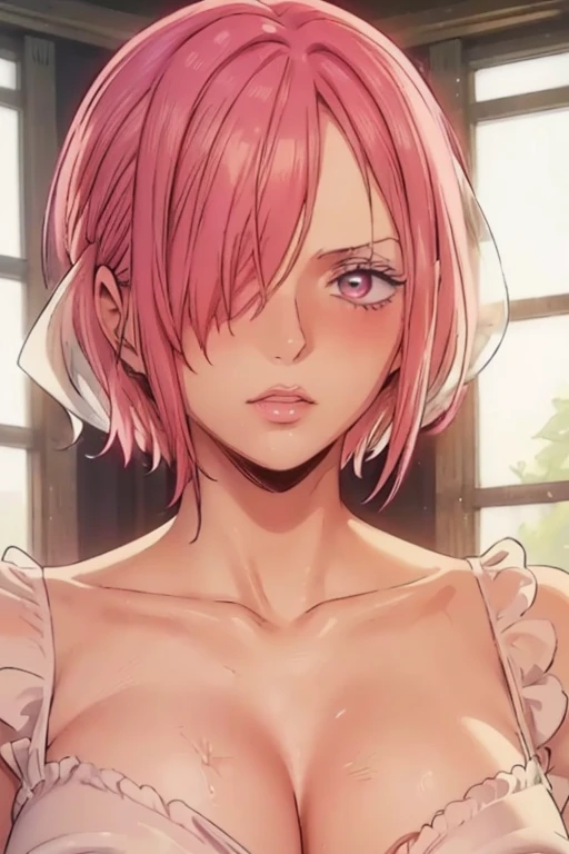 (((masterpiece))), (((best quality))), ((ultra-detailed)), (highly detailed CG illustration), vinsmoke reiju, (nsfw:1.4), (masterpiece:1.5), Detailed Photo, Sexy, (Best Quality: 1.4), (1girl), Beautiful Face, (Pink Hair, short Hair: 1.3), Beautiful Hairsty...