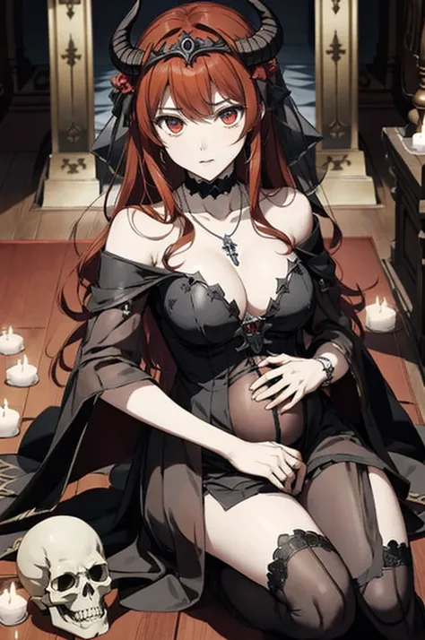 ((highest quality)), ((masterpiece)), (be familiar with), Perfect Face、The Enchanting Body of Celica（FE）、Red hair、The perfect proportions、semi-long、necklace、Bangles、Caster wheel、Circlet、Luxury Accessories、first round、Fallen into evil、、Blank look、Engagement...