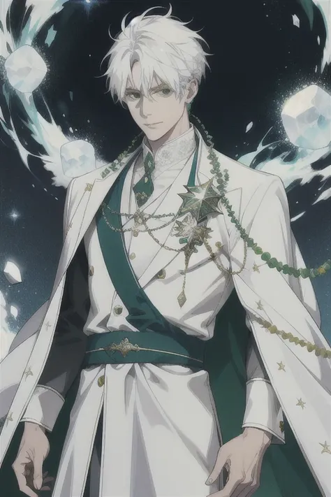 30-year-old man, white social hair, wearing a white robe with green details, with crystals around it, with cosmic aura